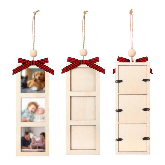 Festive Tree Ornament for Photos Christmas Wooden Photo Frame Ornament, DIY Hanging Picture Holder with Reusable Holiday Ribbon Bow, Decor, Party