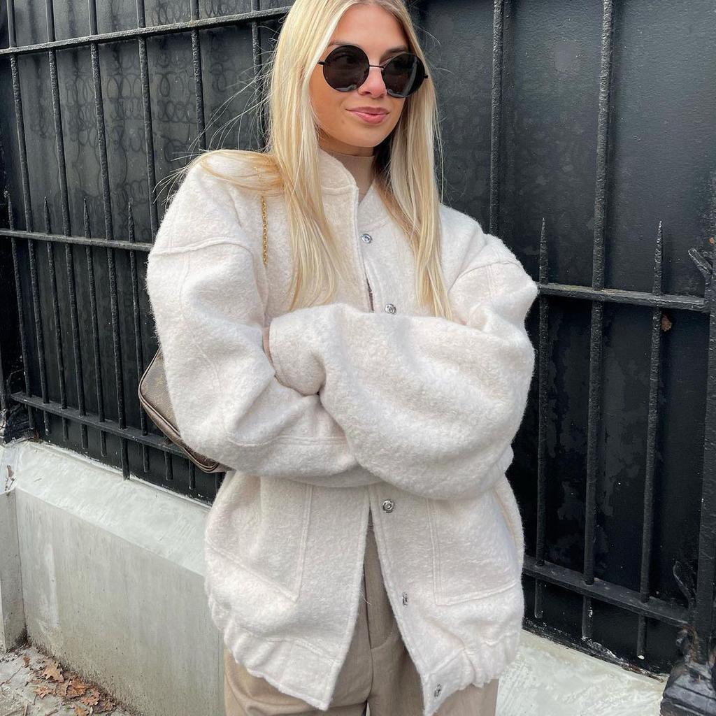 Woman Fashion Loose Gray Warm Baseball Jacket Spring Casual Oversized Bomber Jacket Girls Vintage Thick Warm Outwear