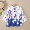 ZANZEA Womens Summer Stand Collar Casual 3/4 Sleeve Loose Print Blouse