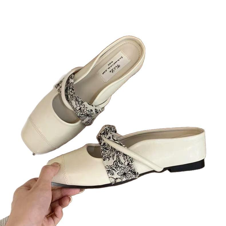 Inner height increase square head single shoes women's 2025 new leather one-word with shallow mouth bag head half drag sandals women's outer wear sum