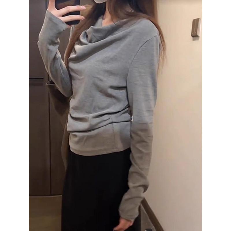 High-end gray one-word shoulder long-sleeved women's top spring new slim-fitting and thin shirt versatile bottoming shirt