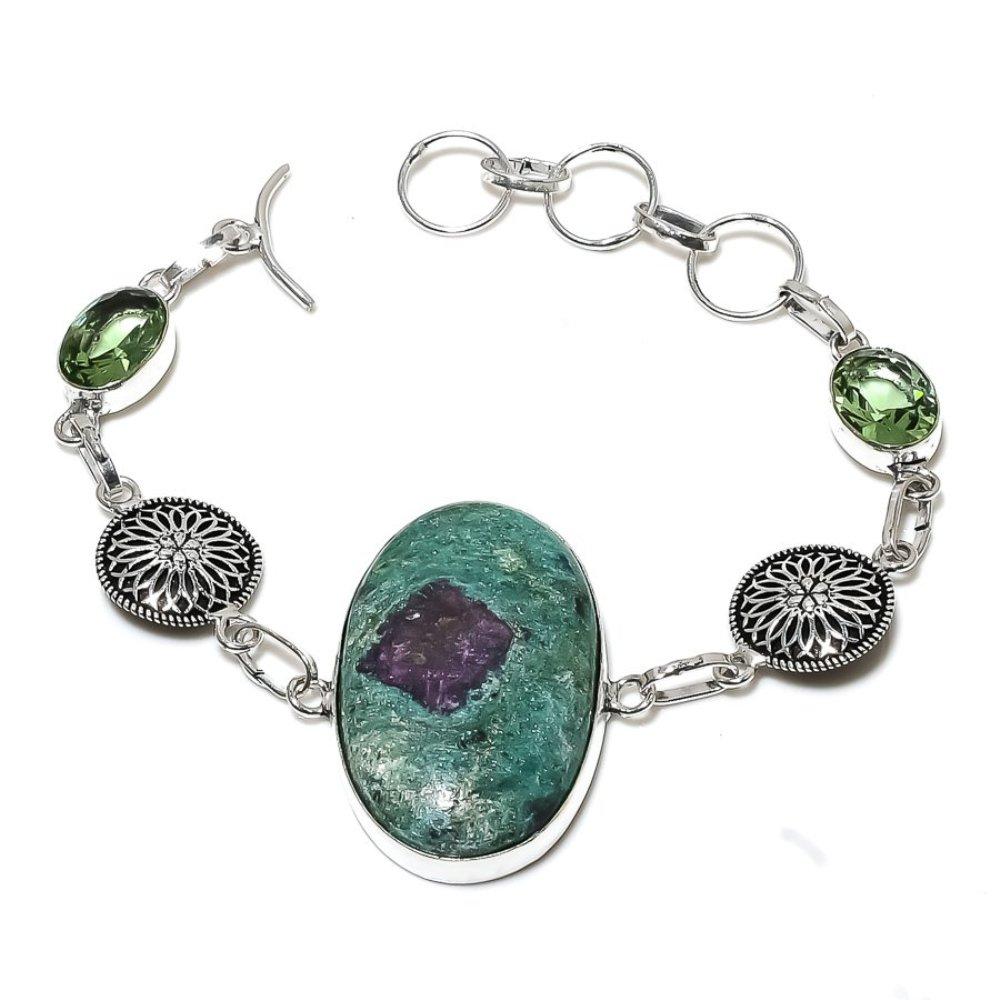 Rubinfuchsit, Tsavorit, im Labor hergestelltes 925er Sterlingsilber-Armband, 17,8–20,3 cm, J0K64