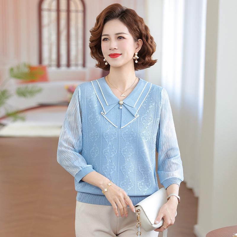 Elegant Spring Knit Top: Stylish Jacquard Seven-Sleeve Design for Moms, Perfect Base Layer for Middle-Aged and Elderly Women