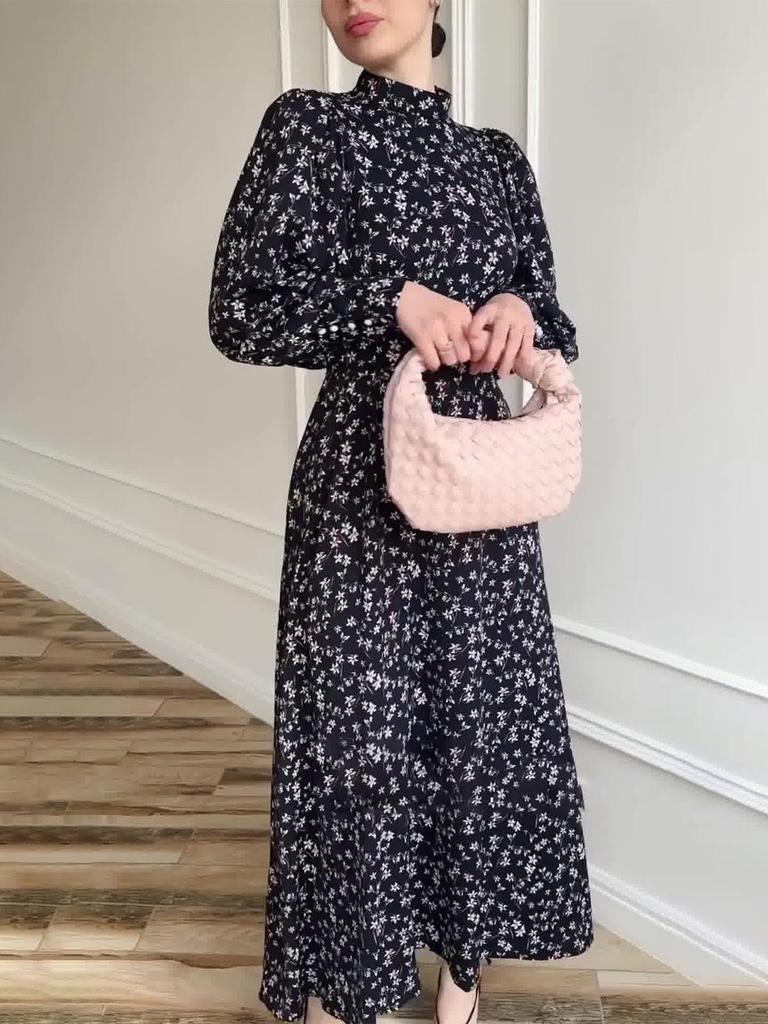 2025 Spring Loose Tie Floral Satin Long Sleeve Dress