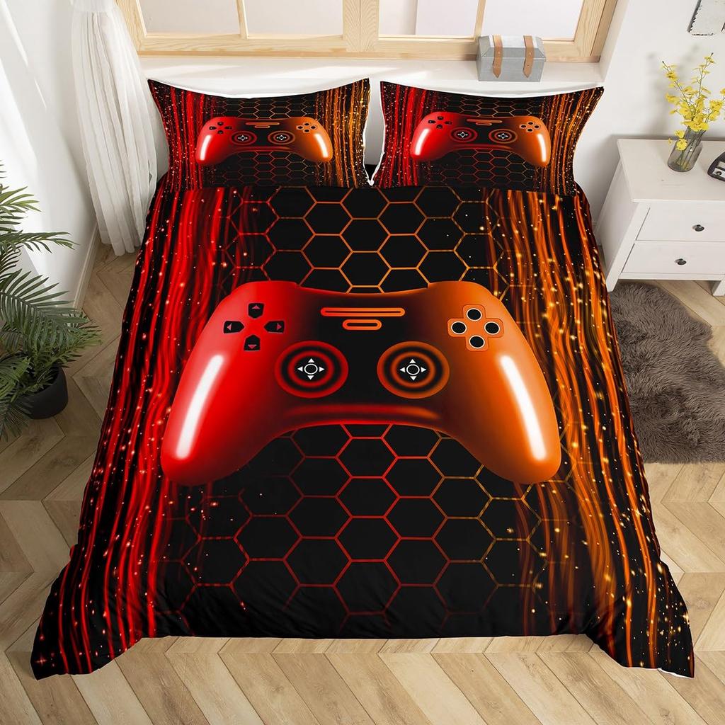 Comforter Gamer Bedding Set Gaming For Kids Teens Men Game Console Bed Set Geometry Stripes Honeycomb Hexagon Comforter