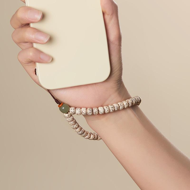 Natural Star-Moon Bodhi Phone Strap, New Chinese Style Buddhist Wrist Rope for Men and Women, Hetian Jade Bodhi Phone Strap