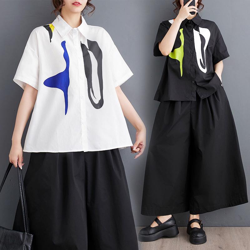 Summer Loose Plus Size Patchwork Casual Short Sleeve Blouse One Size