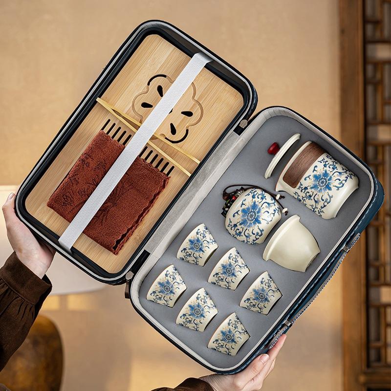 High-end new Chinese retro tea set Ru kiln twisted branch lotus ancient rhyme light luxury portable leather bag gift box enterprise printing