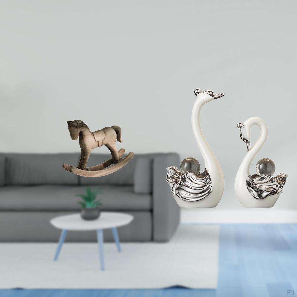 Elegant Wooden Swan Horse Sculpture Artistic Porcelain Figurine Retro Decorative Ornament for