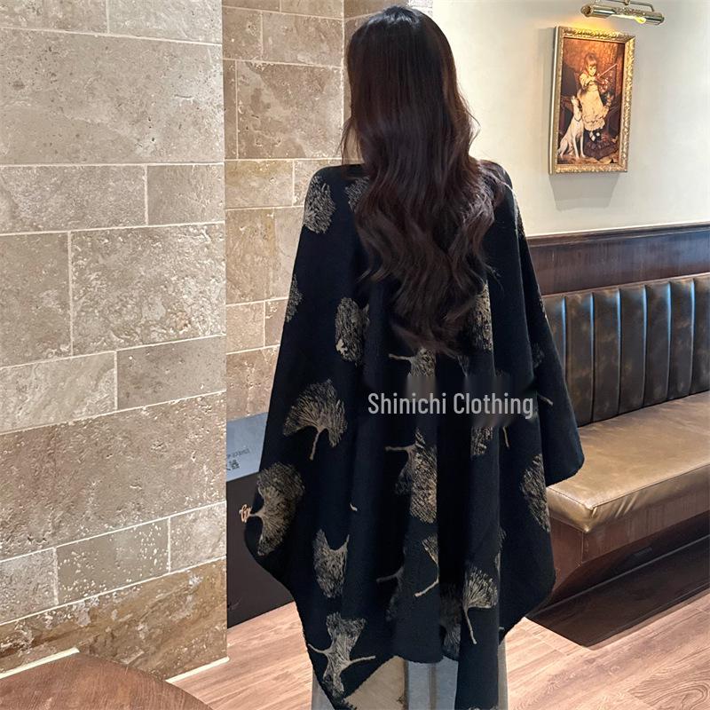 Fall/Winter Warm Ginkgo Leaf Knit Shawl Cape