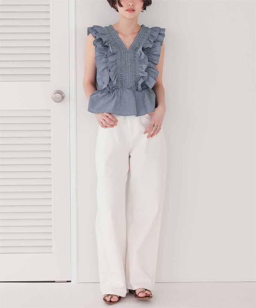 Titibait Shirred Ruffle Sleeveless Blouse AFXP4275 Medium Blue Women's