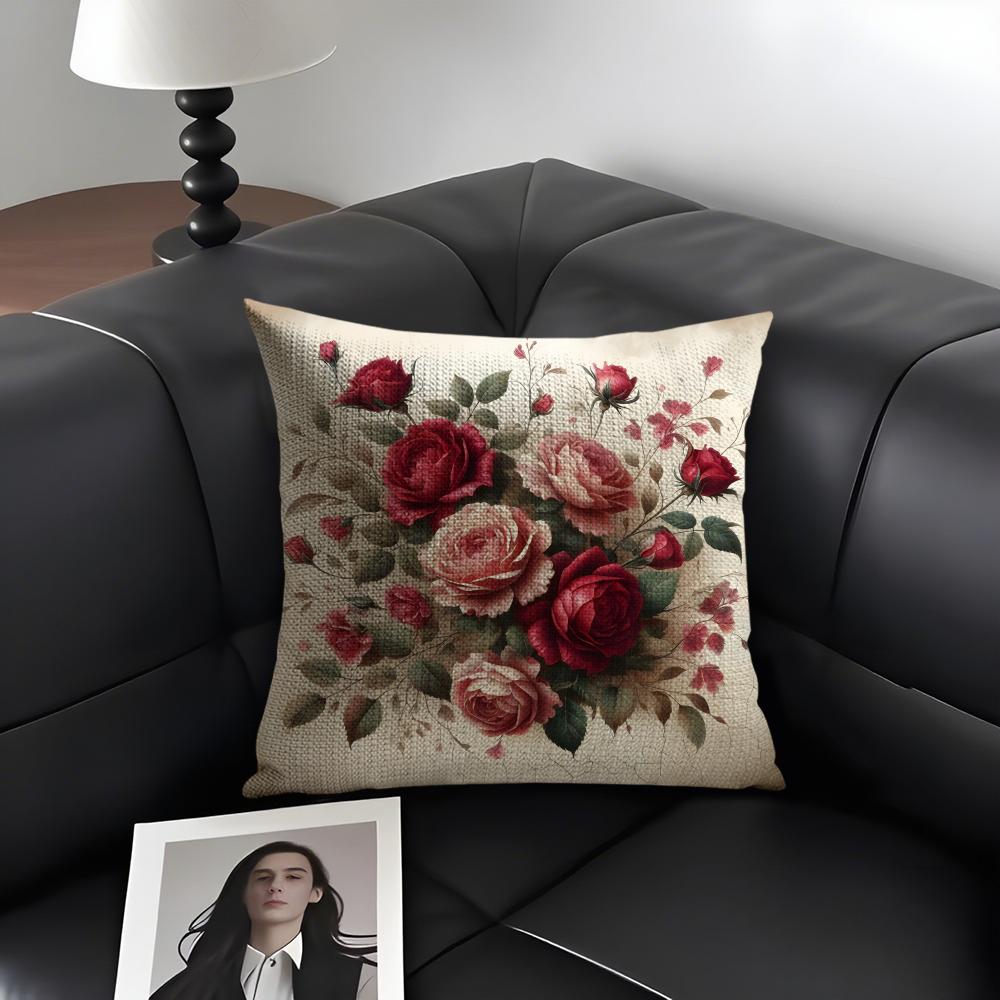 Rose Elegant Cushion Cover Natural Linen Organic Fabric DoubleSided Printing Sofa Home Decor Gift Pillow Case