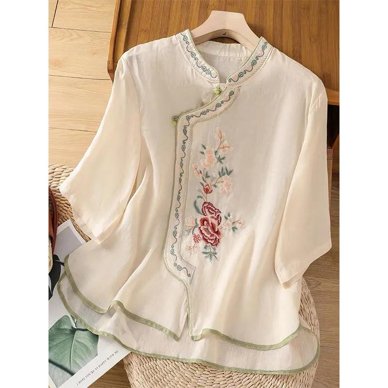 Women's Beige Cheongsam Style Blouse Embroidery Detail Half-Sleeve Casual Top
