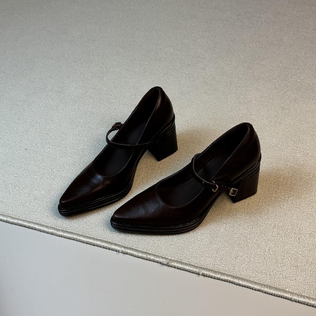 Cowhide Version~ Black Thin Leather Mary Jane Shoes Women's Cm Thick Heel Pointed Head Shallow Mouth One-word Buckle Single Shoes High Heels