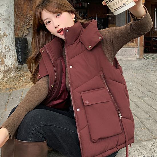 Autumn and Winter Hooded Down Cotton Jacket Vest Vest Vest Women's Versatile Casual Outer Wear Cotton Vest Jacket Thick Outer Coat