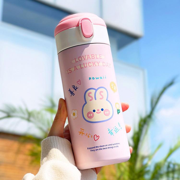 Ins Style Girly Heart Insulated Flask with Cute Bear Straw - Student Cartoon Pop-up Water Cup