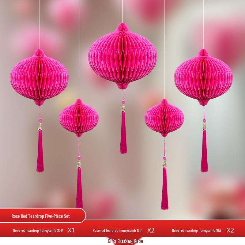 Wedding Décor Set: Honeycomb Balls, Folding Fans & Double Happiness Pendants for Groom's Room