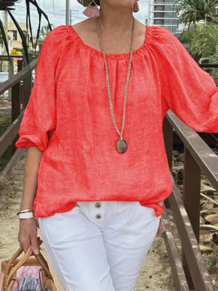 Solid color round neck mid sleeve cotton linen casual top
