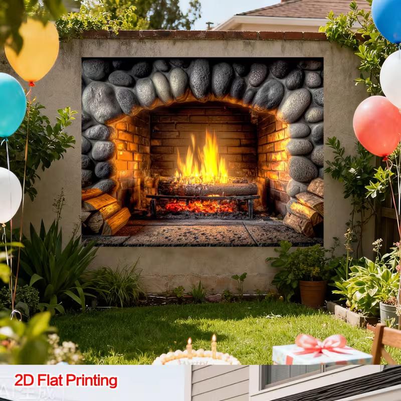 2D Realistisches Kaminbanner, Brennendes Holzfeuer im Ziegelkamin