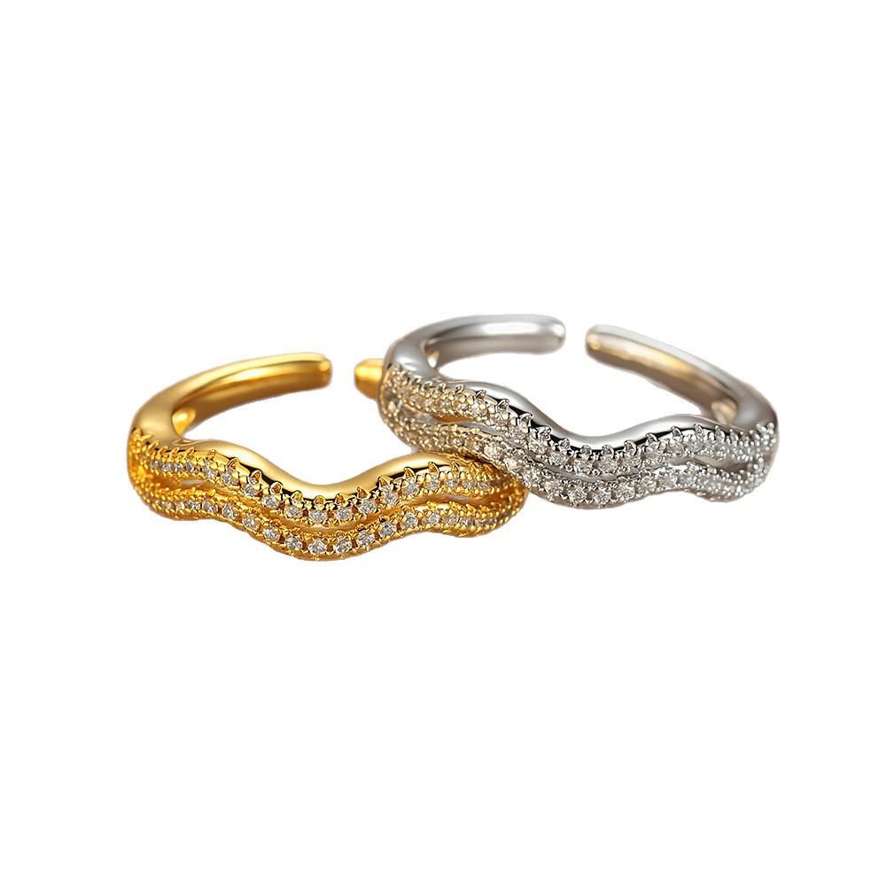 Double-Layer Curved Wave Pattern Ring with Inlaid Diamonds and Micro-Set Zircon, Open Design, Niche Style