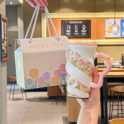 Caneca Tulipana de Alta Qualidade com Tampa Cerâmica de Grande Capacidade para Presentes de Aniversário de Meninas Lembranças para Melhores Amigas
