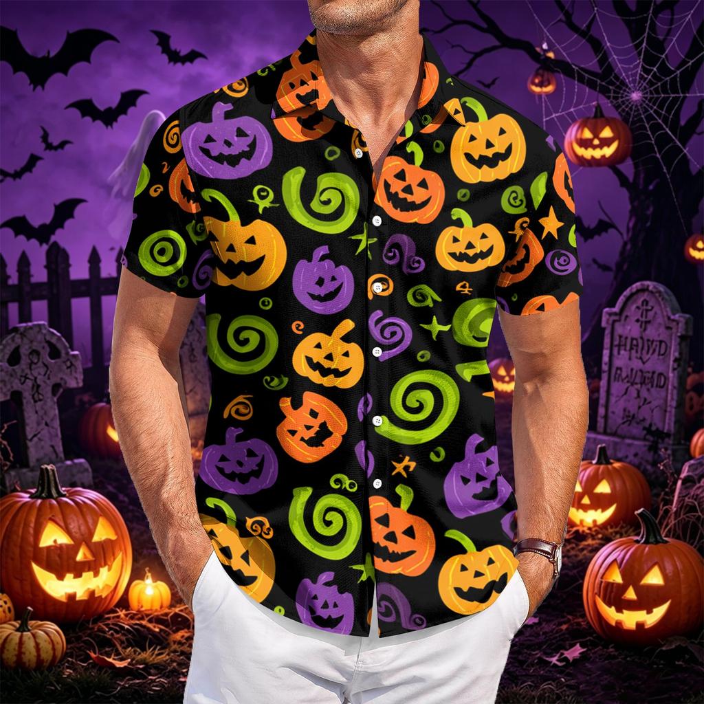 Men's Casual Short Sleeve Shirt Halloween Print Button Down Shirt Lightweight Breathable Fabric Relaxed Fit Shirt for Everyday Wear