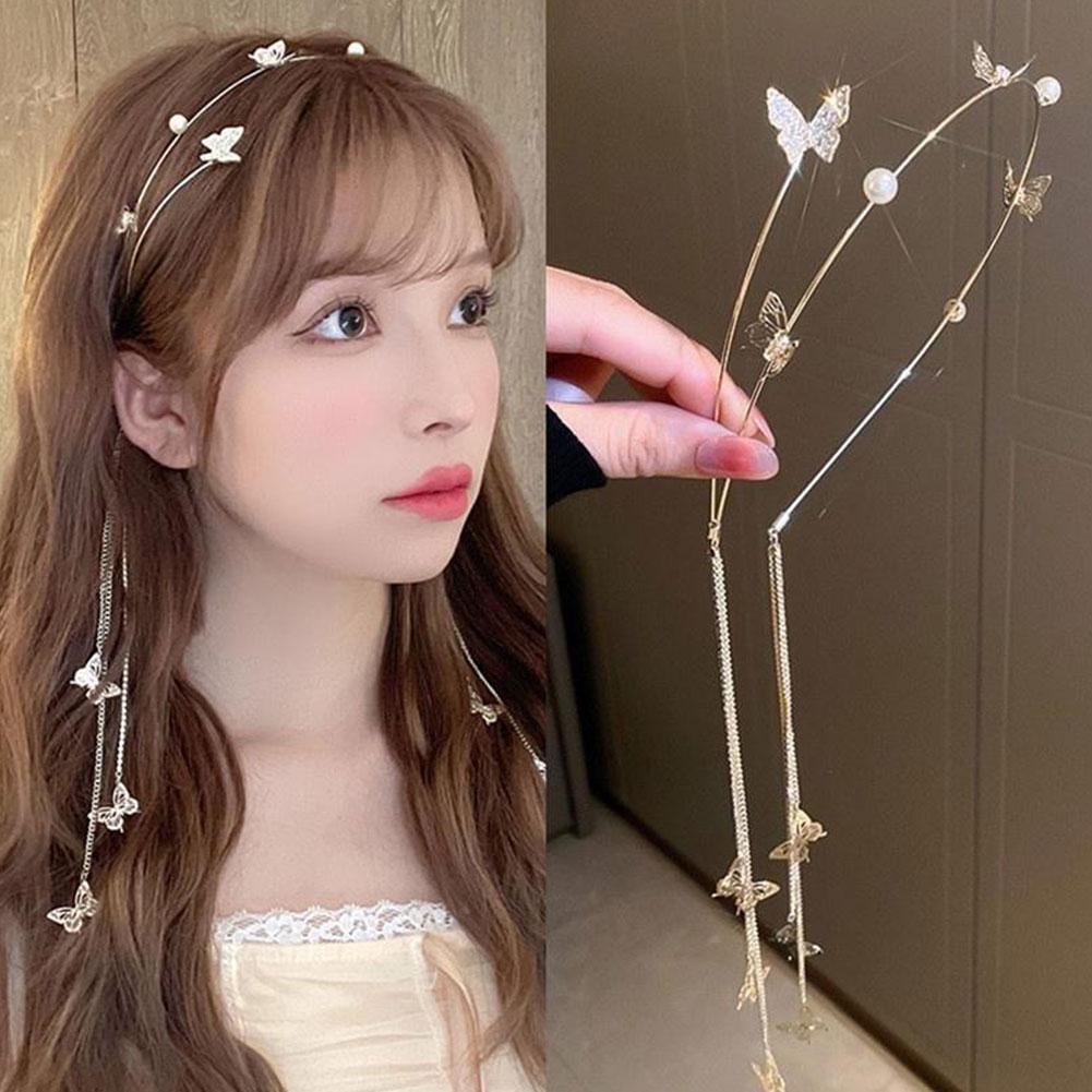New Tassel Butterfly Hair Accessories Crystal Pearl Headband Headdress Butterfly Headband Woman Hair Hoop For Girl's Headband