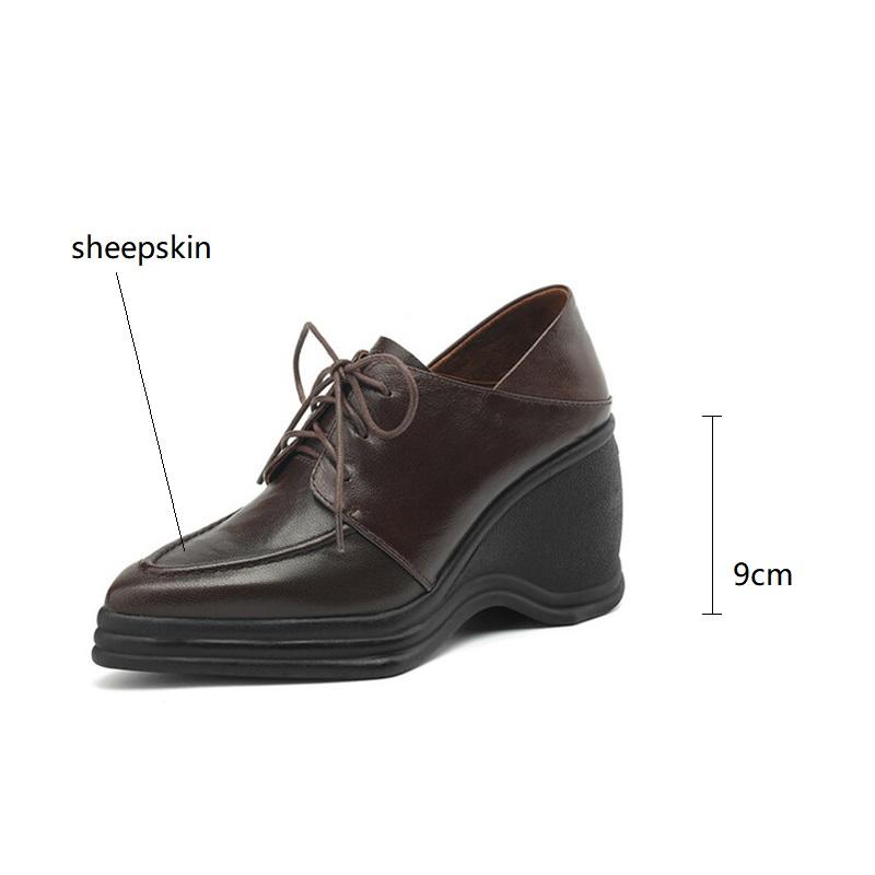 Mode Neue Frühling Schafleder Damen Schuhe Spitze Zehenpartie Damen Pumps Plateau Schuhe für Damen Schnürung Hoher Absatz Keilabsatz Slipper Damenschuhe