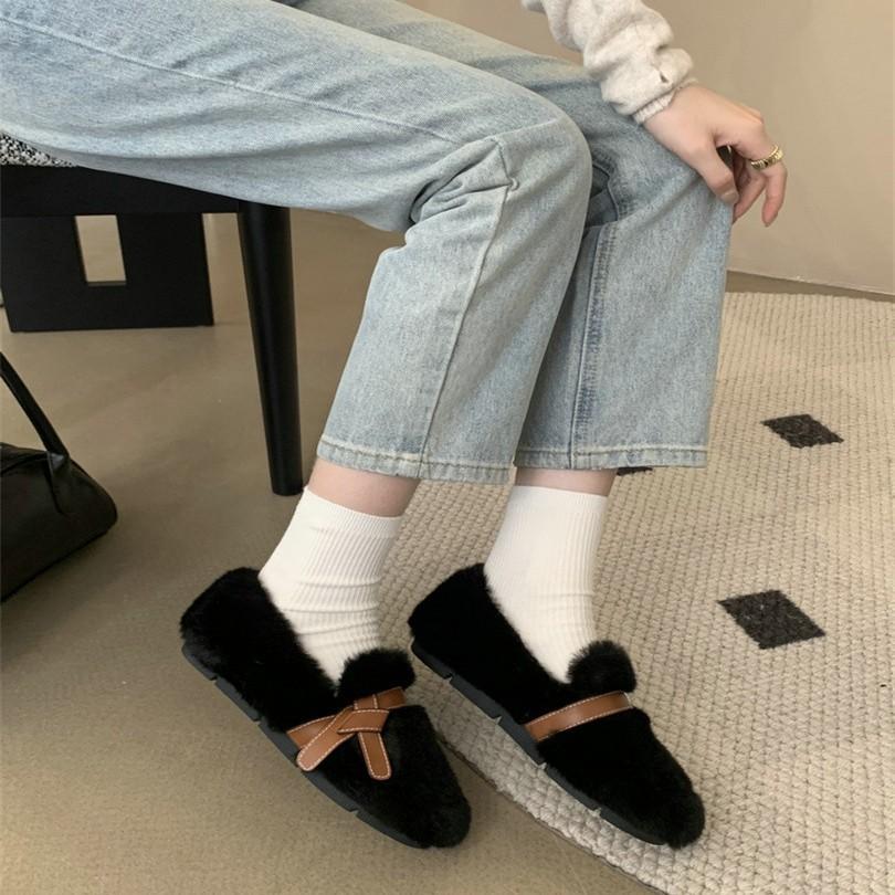 Soft-soled plush round-headed fluffy shoes for women's autumn and winter new models, wear gentle Internet celebrities, pedal Doudou shoes, keep warm