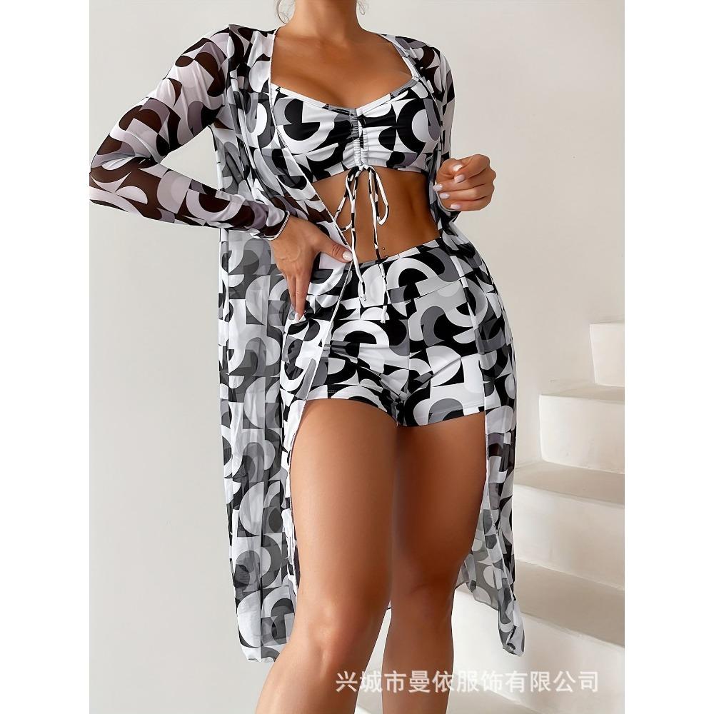 

Женский купальник раздельный трехпредметный с высокой талией и длинным рукавом, сексуальное бикини XL серый