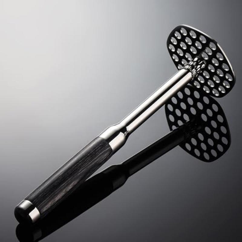 Stainless Steel Potato Masher with Long Wooden Handle, Multi-Purpose Fruit Crusher for Easy Mashing of Various Foods