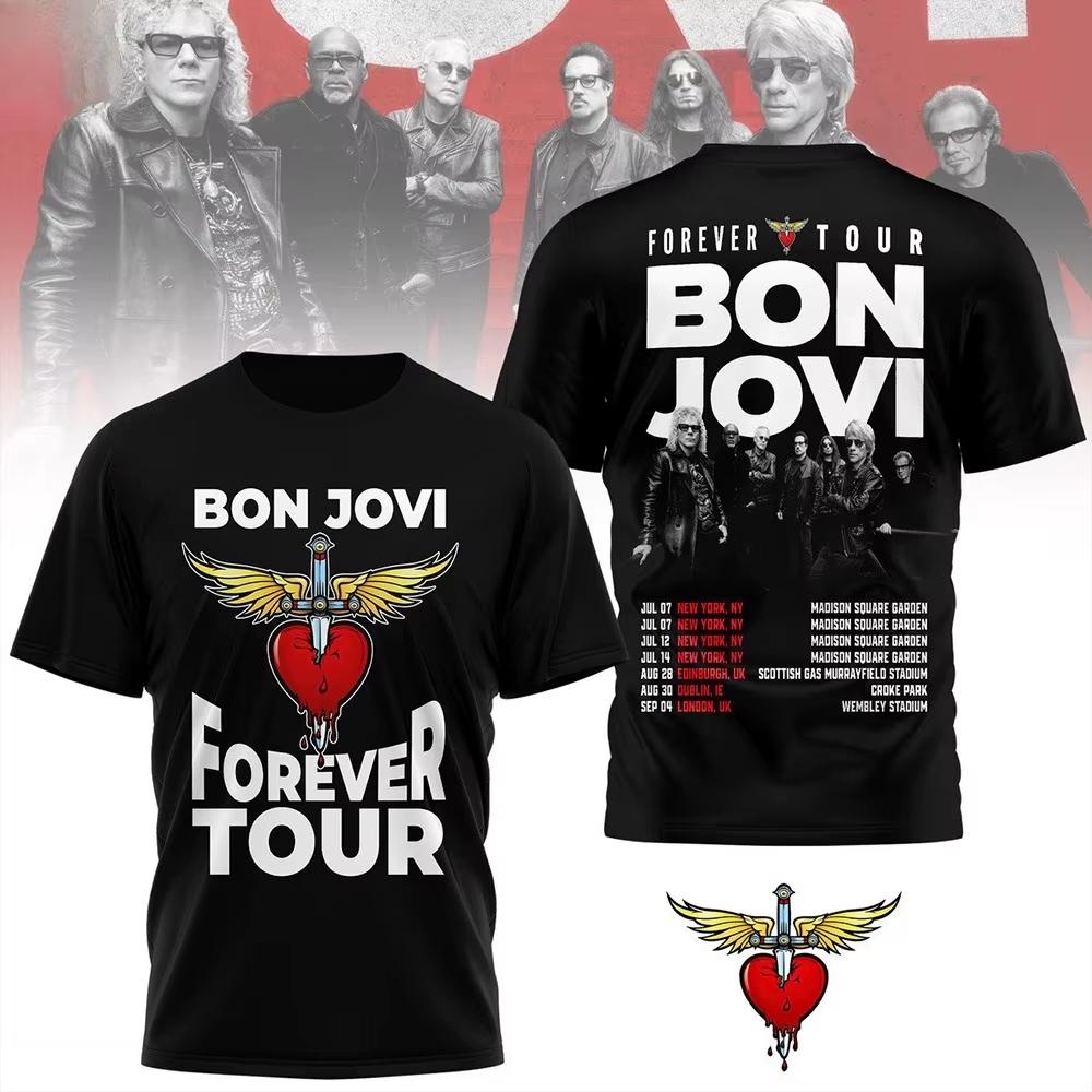 Bon Jovi Forever Tour 2026 100Cotton Unisex Shirt 2026 Summer ONeck Unisexs Y2k Rock Band Graphic Short Sleeve Tshirt Fan Gift