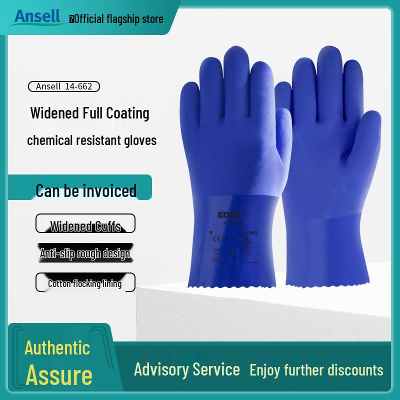Ansell 14-662 Blue Non-slip Oil-resistant PVC Gloves: Acid & Alkali Resistant Industrial Chemical Protection. 9