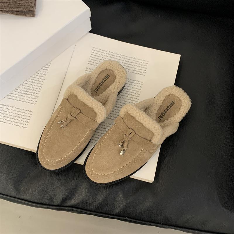 2025 autumn and winter new bag head thick heel fluffy shoes women wear warm and plush comfortable versatile slippers