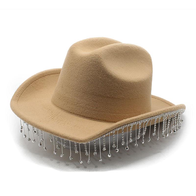 Western Cowboy Hat Water Drop Gem Medium Chain With Rhinestone Tassel Bridal Hat, Vacation Visor