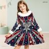 Girls High Neck Long Sleeve Tropical Leaf Printed A Line Flared Dress With Waist Bow And Furry Trim