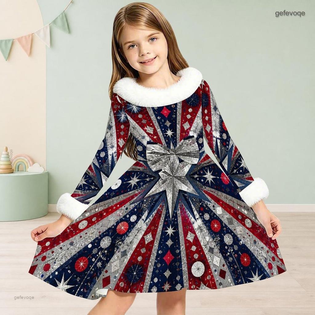 Girls High Neck Long Sleeve Tropical Leaf Printed A Line Flared Dress With Waist Bow And Furry Trim