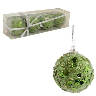 Set of 4 Green Styrofoam Baubles with Sequins 6 Cm - Christmas Decoration