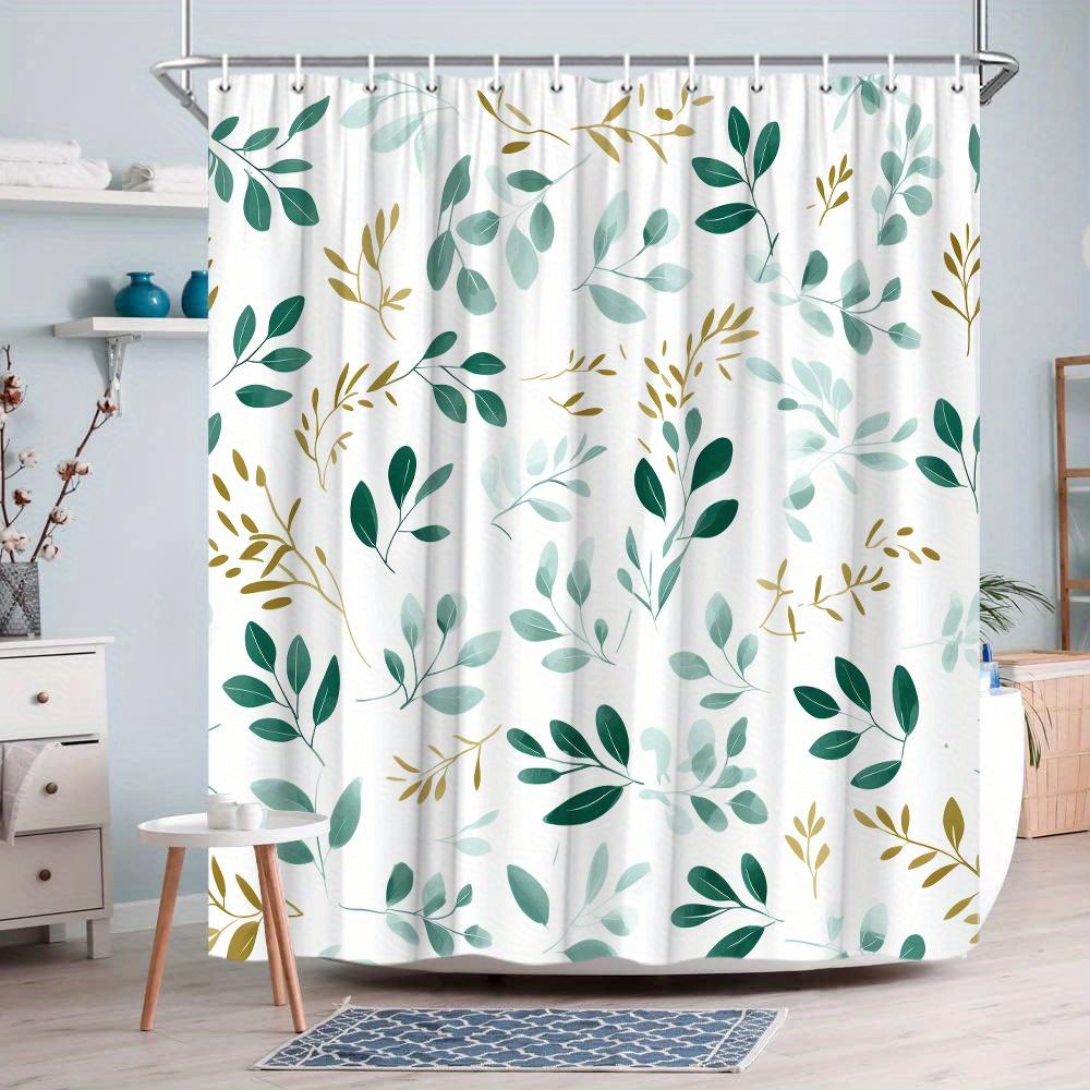 1 Watercolor Leaf Shower Curtain - Teal, Mint And Gold On White, Fan Hook, Polyester Machine Washable