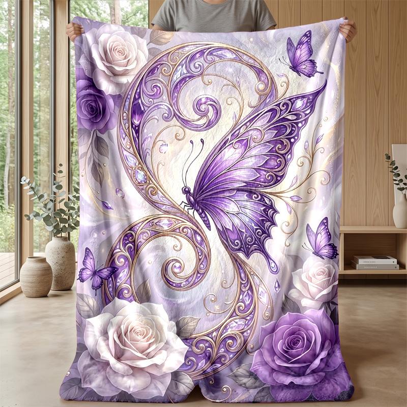 Purple Butterfly and Rose Decor Theme Blanket Lightweight Warm Flannel Blanket Decorative Throw Blanket for Home Decoration