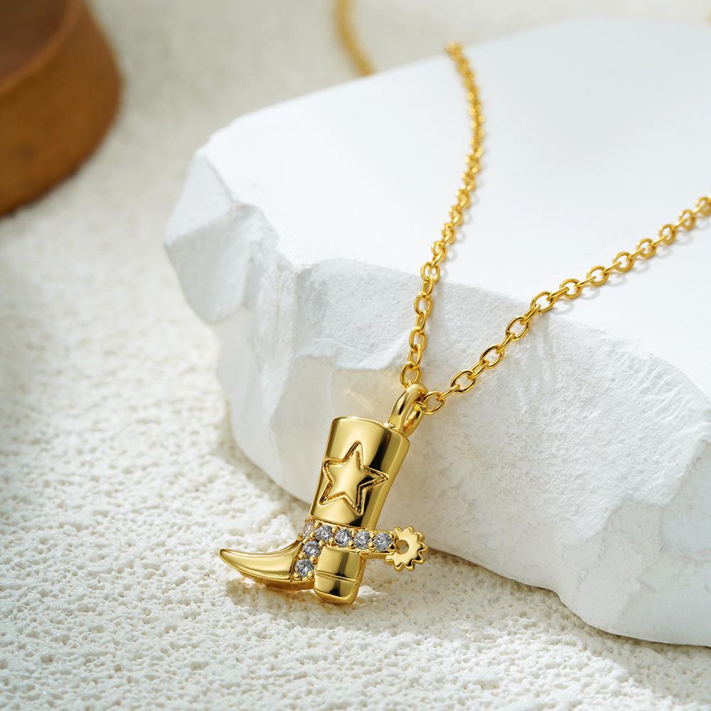 Tempusort 18K Gold Stainless Steel Zircon Necklace Western Cowboy Boots Engraved Vintage Pendant Accessories Jewelry