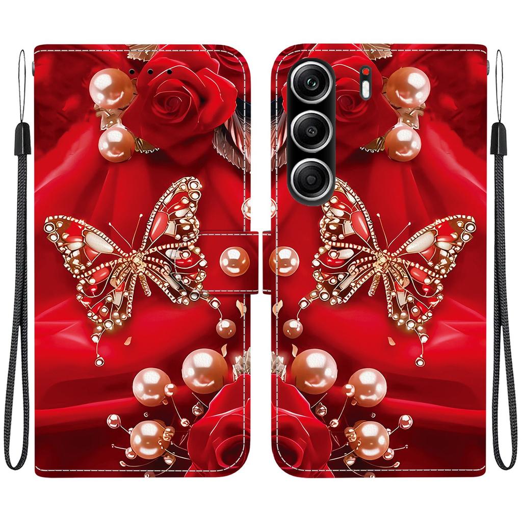 Handmade PU Leather Flip Case for Tecno Camon 40 Pro (4G/5G) Anti-Slip Shockproof Cover with Wrist Strap & Heart/Rose Cat Designs