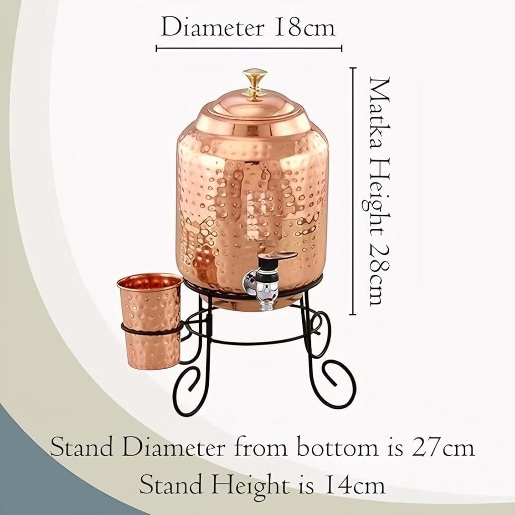 5 Liter Wasserspender aus gehämmertem Kupfer (Matka/Topf) Behältertopf mit 1 Kupferglas und Ständer Reines Kupfer und ayurvedische Gesundheitsvorteile (5000 ml)