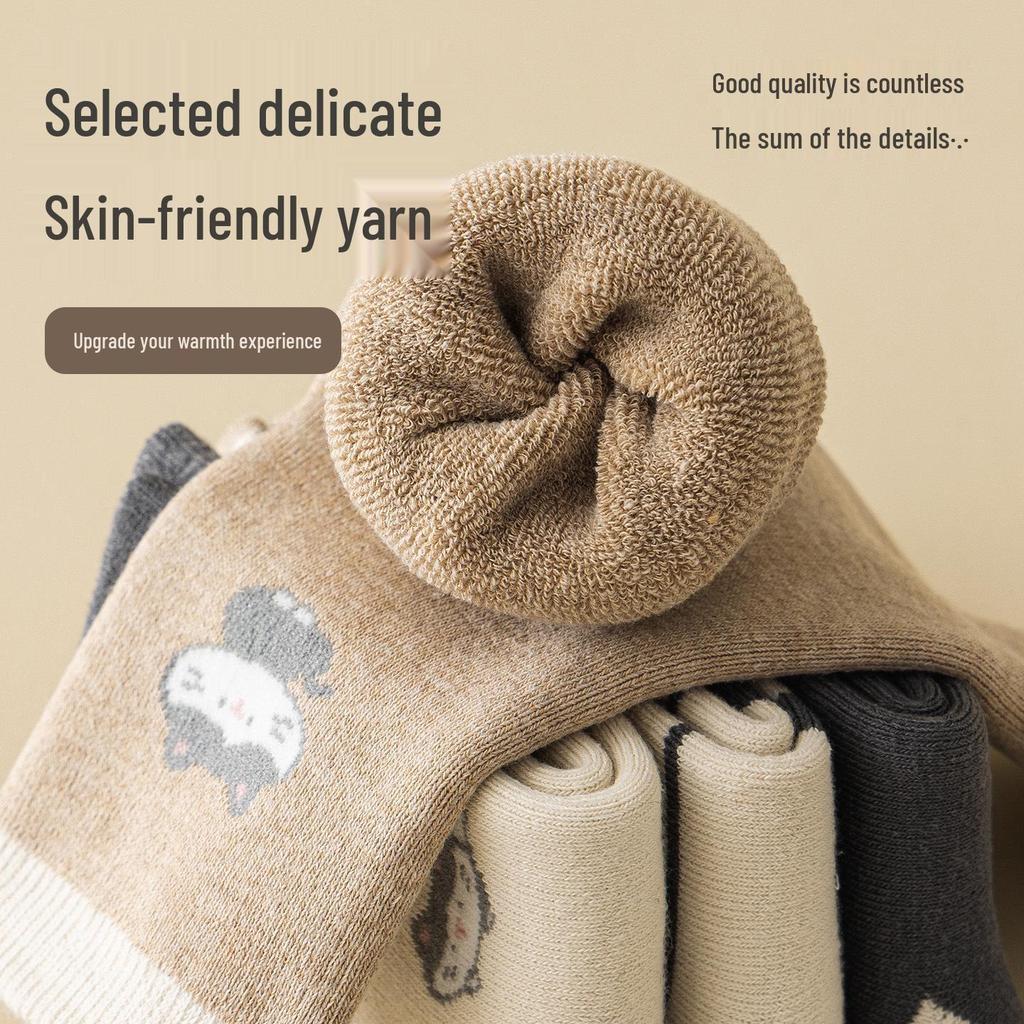 Women's Extra Thick Cat Mid-Tube Terry Socks for Autumn and Winter Warmth
