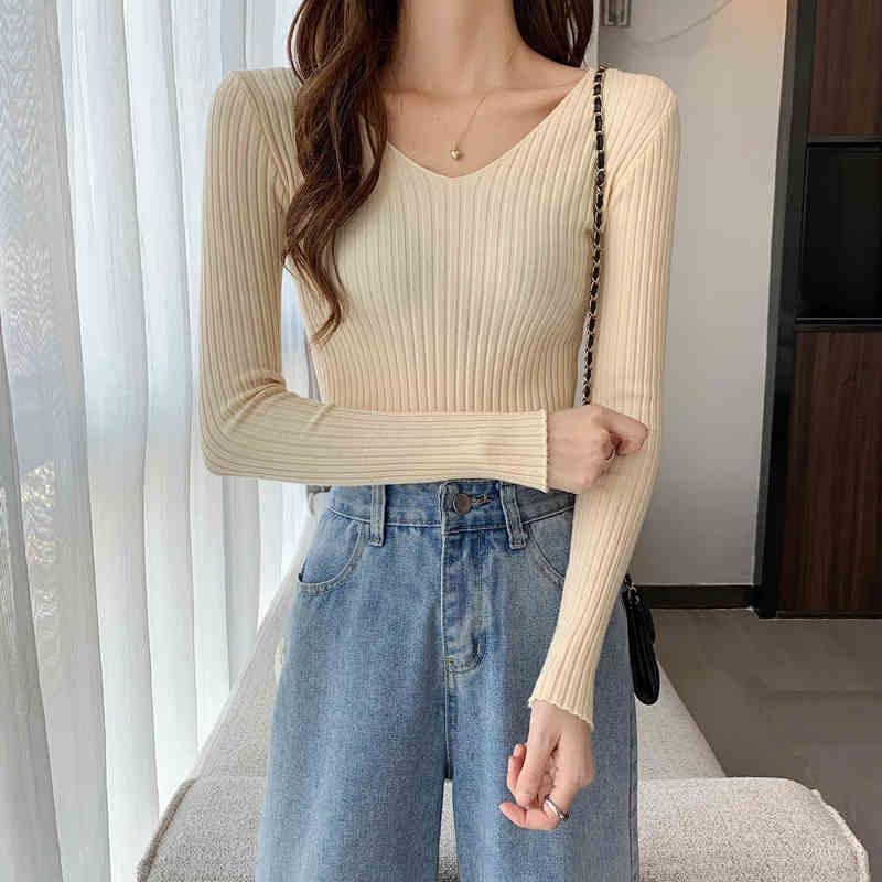 Autumn and Winter New Slim Fit V-neck Pullovers Sweaters Women Long Sleeve Base Knitted Sweater for Women Fashion Solid Casual Knitwear Jumpers 25671