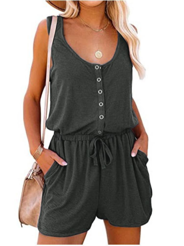 

Women s Sleeveless Jumpsuit Shorts with V-Neck, Button Front, Drawstring Waist, and Side Pockets 3XL сірий колір