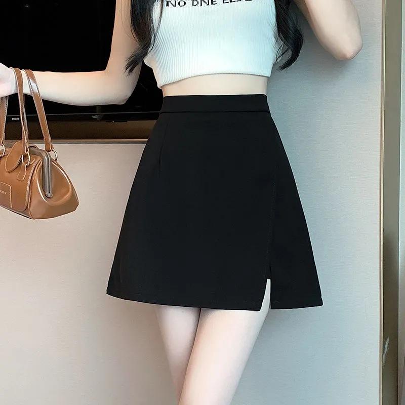 Irregularly Split Black Skirt Women's Summer Medium and Long A-shaped Skirt Safety Pants High Waist Short Skirt Skirt