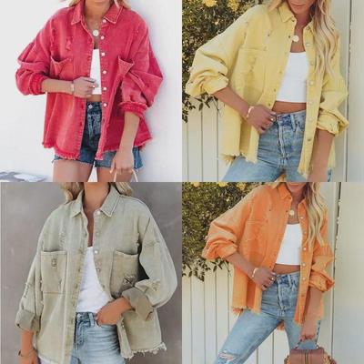 Veste en jean pour femme - Style européen et américain, bord brut, couleur unie délavée.
