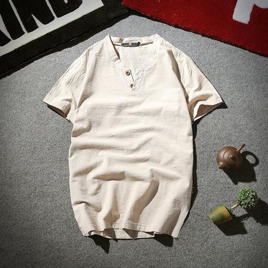 Men T-shirt Short Sleeves V Neck Button Solid Color Slim Fit Cotton Linen Summer Casual Male Tee Shirt Top Daily Wear