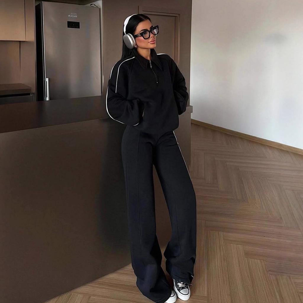 2025 cross-border European and American women's clothing Amazon zipper long-sleeved straight slim-fit casual pants commuter fashion suit
